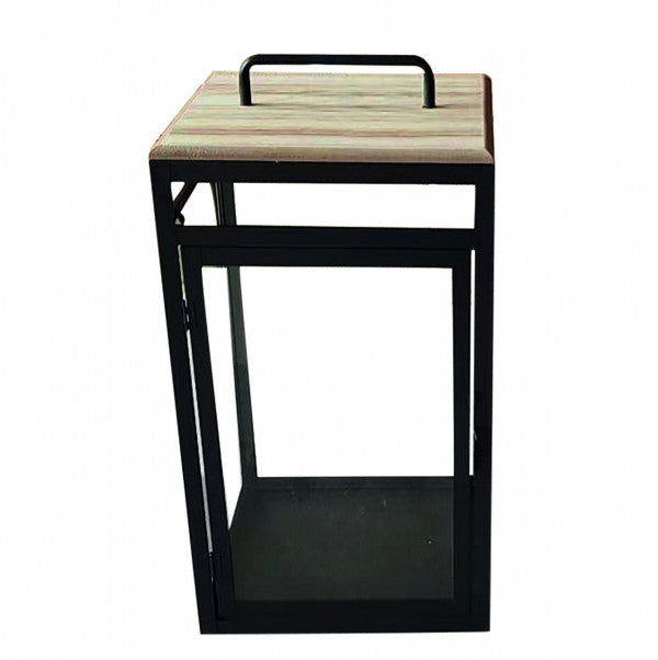 Lanterna in Metallo Nero con Top in Legno e Vetri - 20x20 cm - H. 39