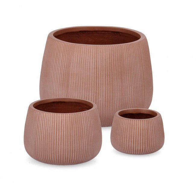 Juego de 3 jarrones altos de terracota con diseño de bomba acanalada