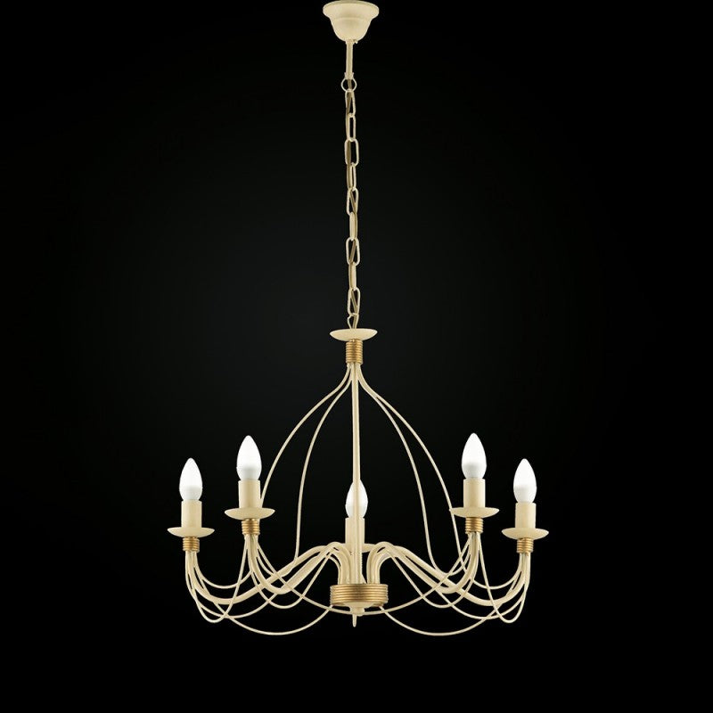 Araña de hierro marfil Decape con acabado dorado, cinco luces, 61x h45 cm