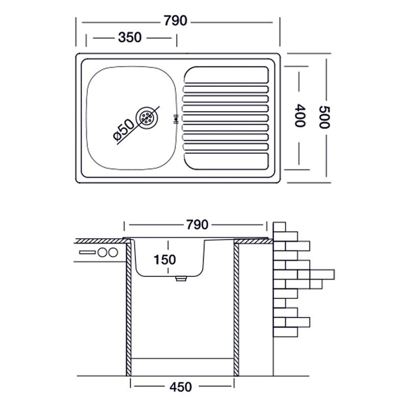 Fregadero de cocina encastrable de acero inoxidable con escurridor izquierdo 50x79 cm