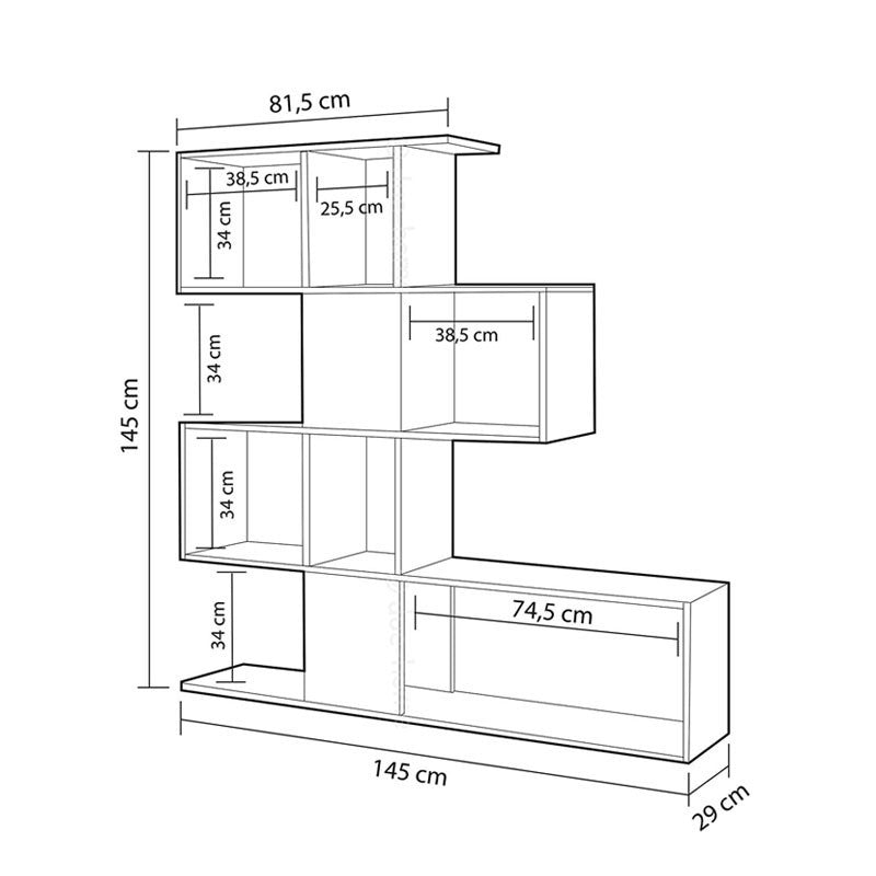 Estantería librería 4 niveles 9 compartimentos blanco y roble 145x29xh.145 cm