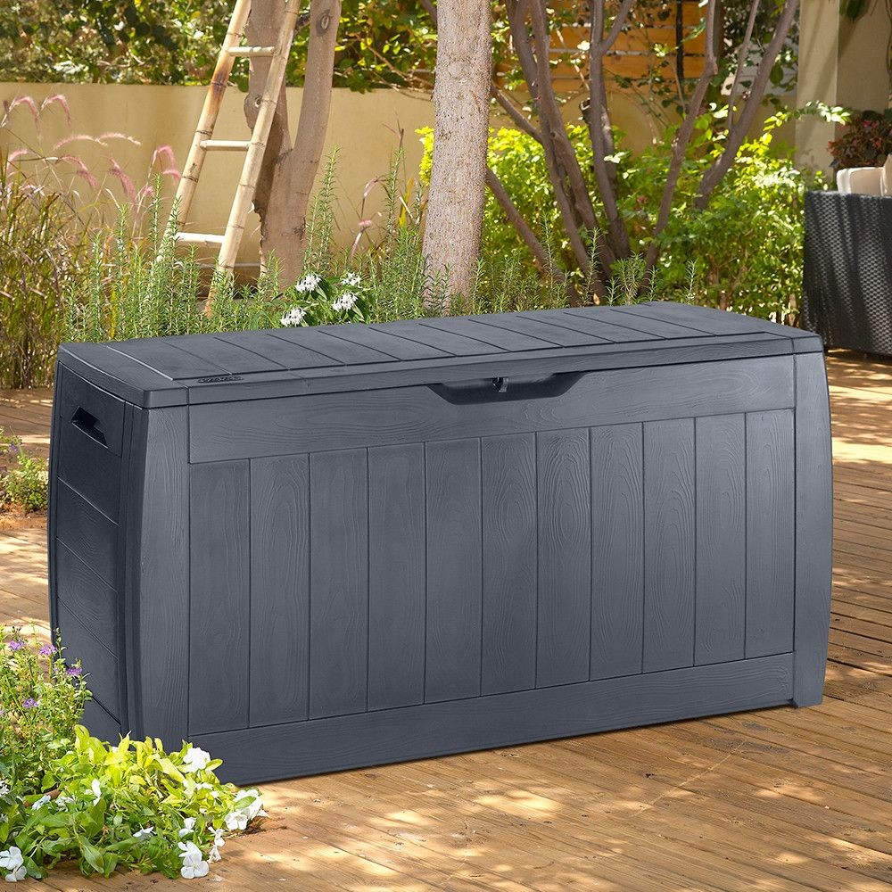 Baúl Hollywood de resina acabado grafito efecto madera con cerradura 117,5x45xh.57,3 cm