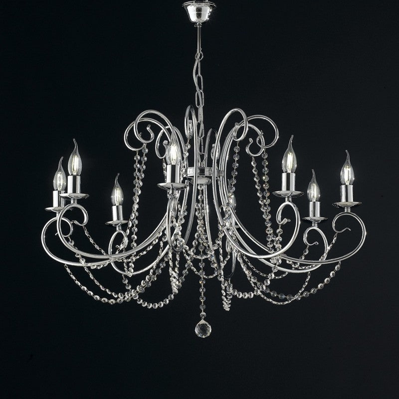 Araña de hierro cromado ocho luces con pedrería 74x h58 cm