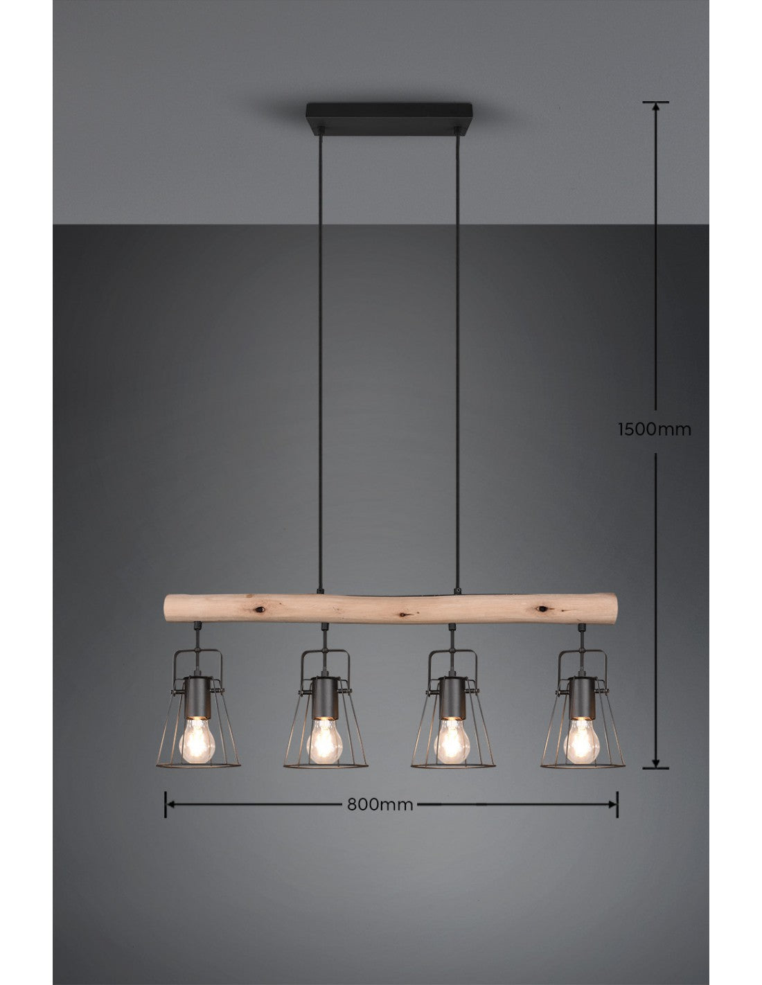 Suspensión Barra De Madera 4 Luces Jaipur Industrial Vintage Negro Y Madera Trio Iluminación