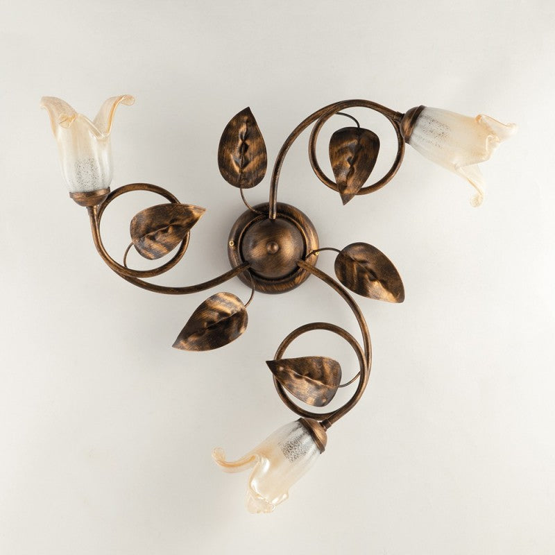 Lámpara de techo de hierro Marrón Oro Ámbar Blanco Vidrio tres luces 59x h20 cm