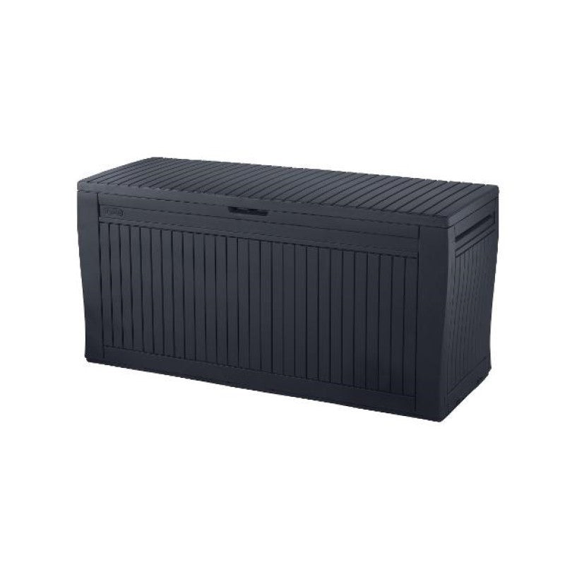 Baúl de resina acabado efecto madera grafito con ruedas 116,7x44,7xh.57 cm