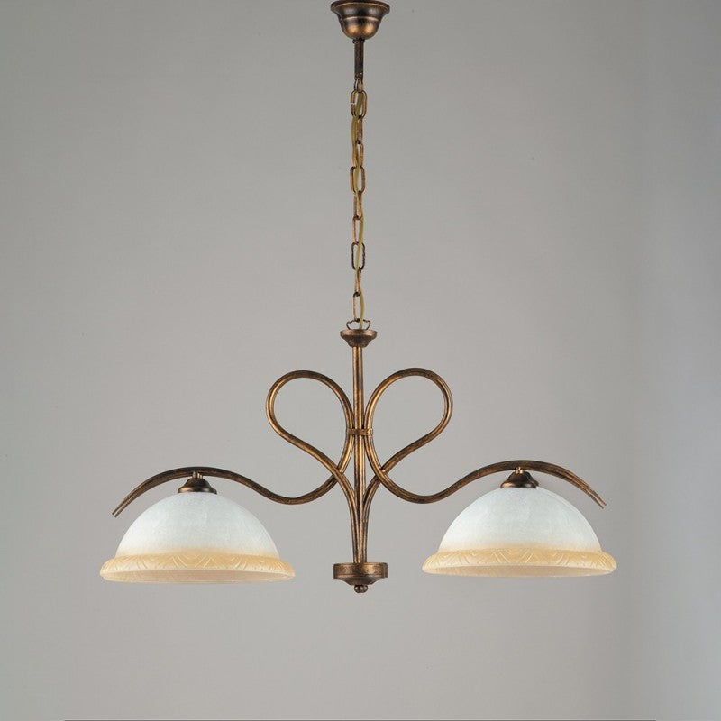 Lámpara de araña de hierro marrón dorado con dos luces de cristal blanco y ámbar 79x h43 cm