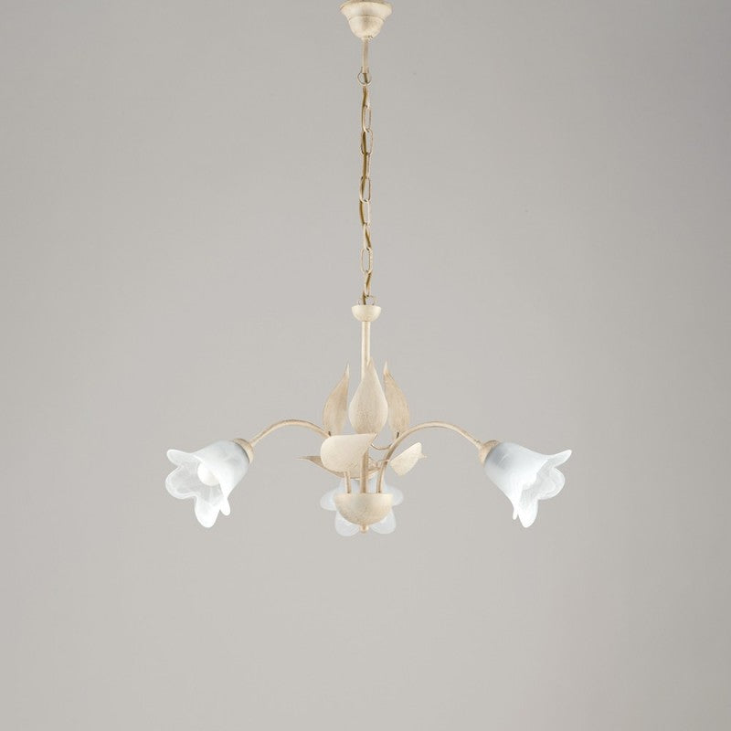 Araña de hierro Oro Marfil con tres luces de cristal Blanco Alabastro 60x h43 cm