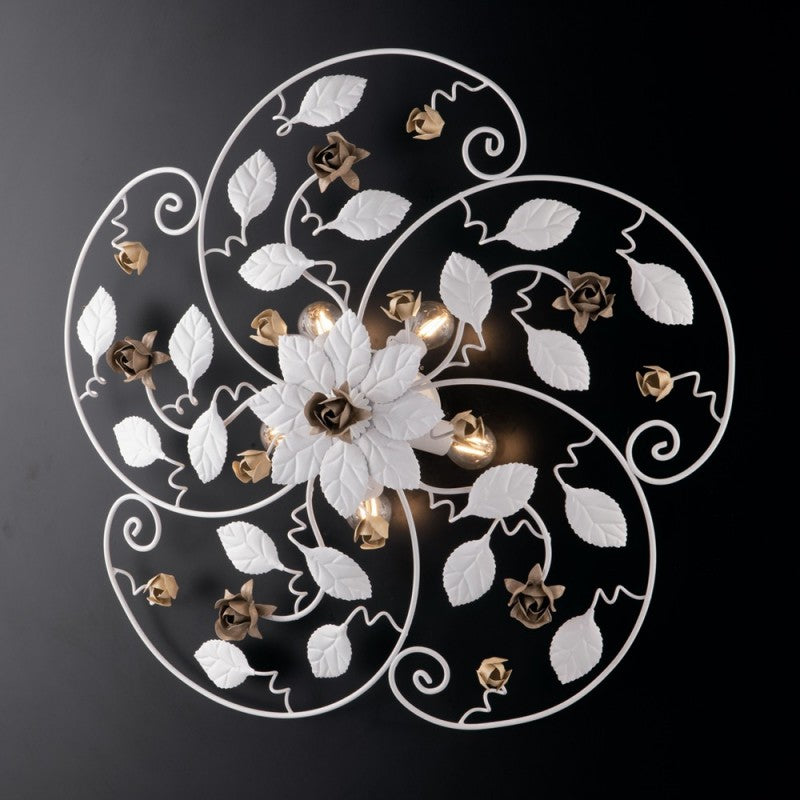 Lámpara de techo de hierro lacado en blanco con decoración shabby, 5 luces, 65 cm