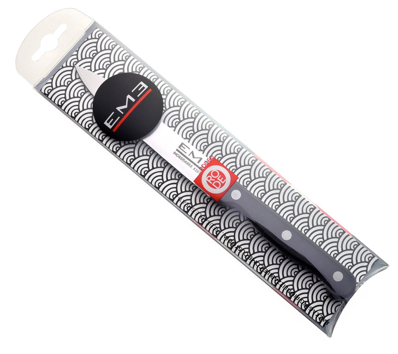 Cuchillo mondador con hoja de 12,5 cm y mango de POM remachado.