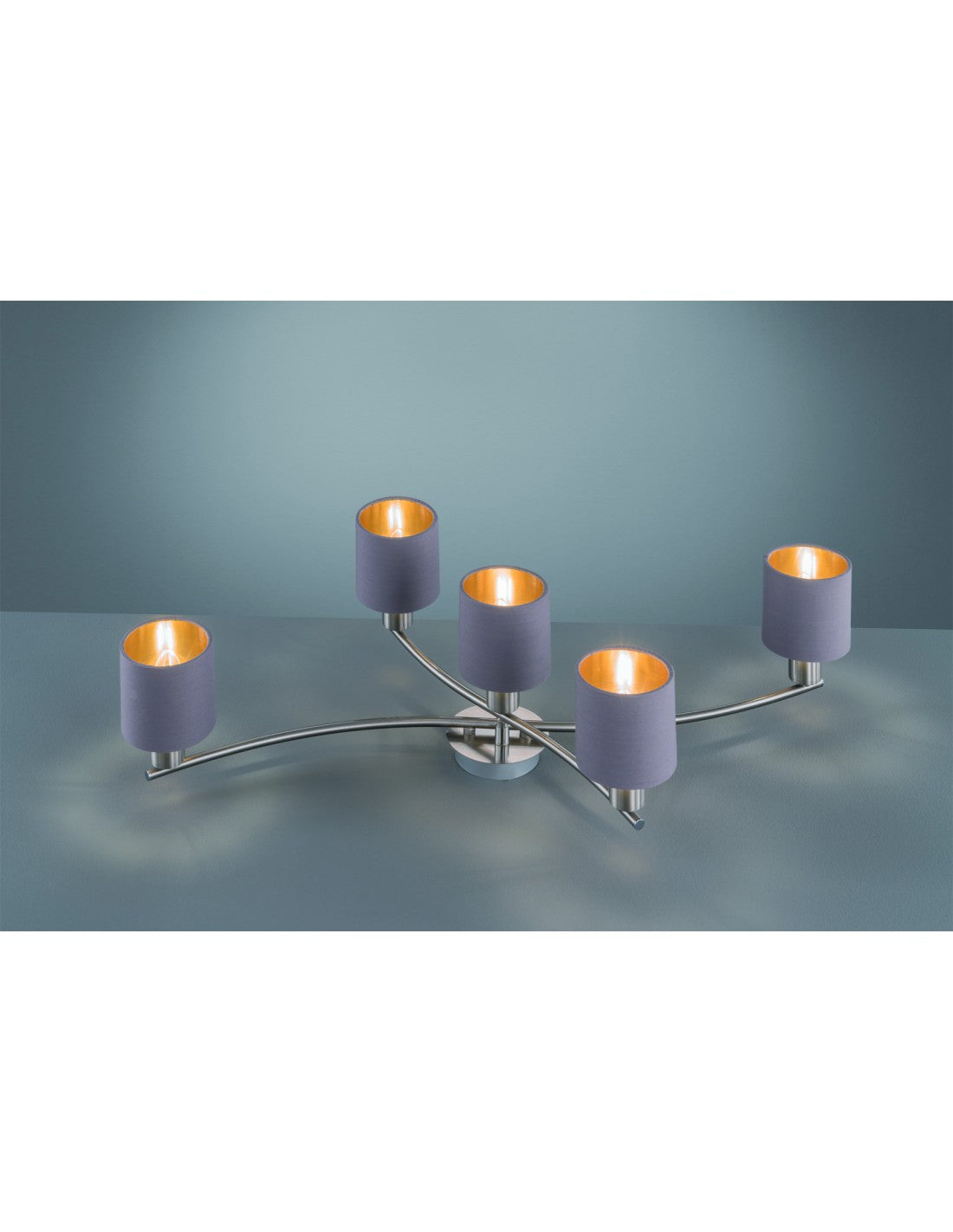 Lámpara de techo Garda Nichel con 5 pantallas de tela gris tórtola dorada L 75 cm Trio Lighting