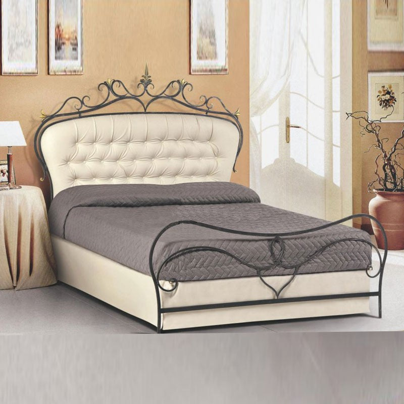 Cama doble de hierro forjado color antracita con cabecero acolchado 172x202xH.140 cm