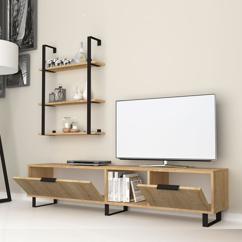 Mueble TV 2 solapas y librería 3 baldas roble 180x35xh.40 cm