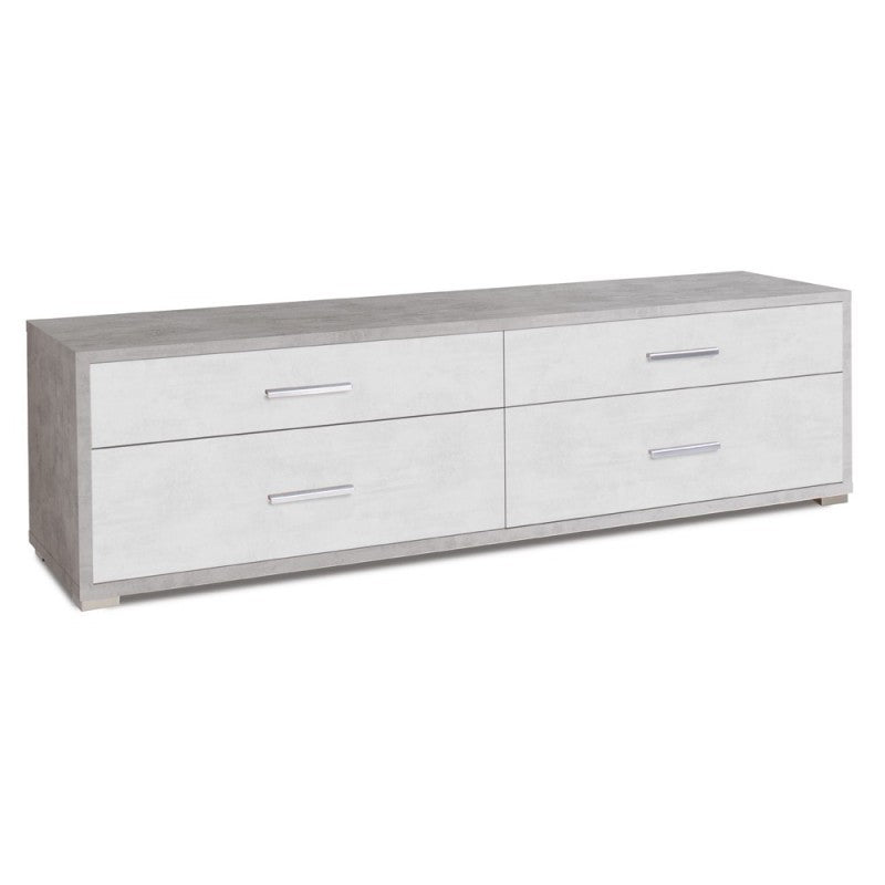 Mueble TV bajo de madera con cuatro cajones cemento blanco 179x47x h50 cm