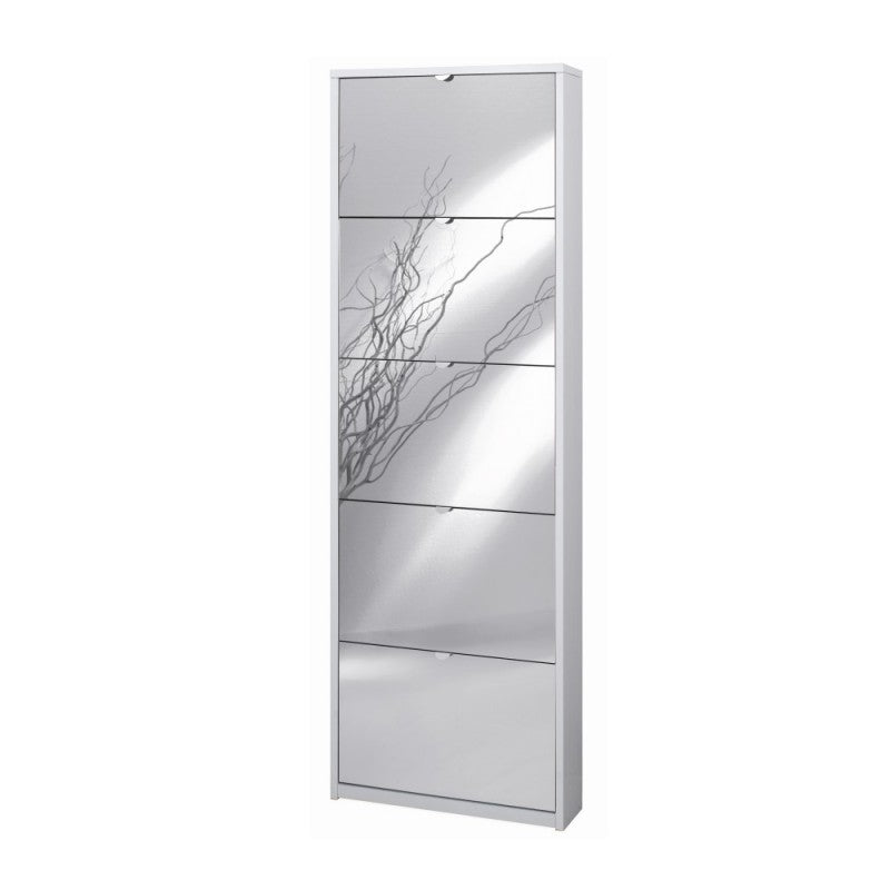 Zapatero delgado de cinco puertas con espejo en blanco fresno 63x18x h190 cm