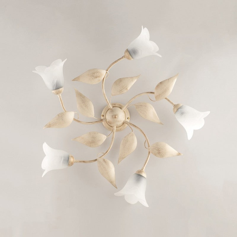 Lámpara de techo de hierro Marfil Oro con cinco luces de cristal Blanco Alabastro 70x h20 cm