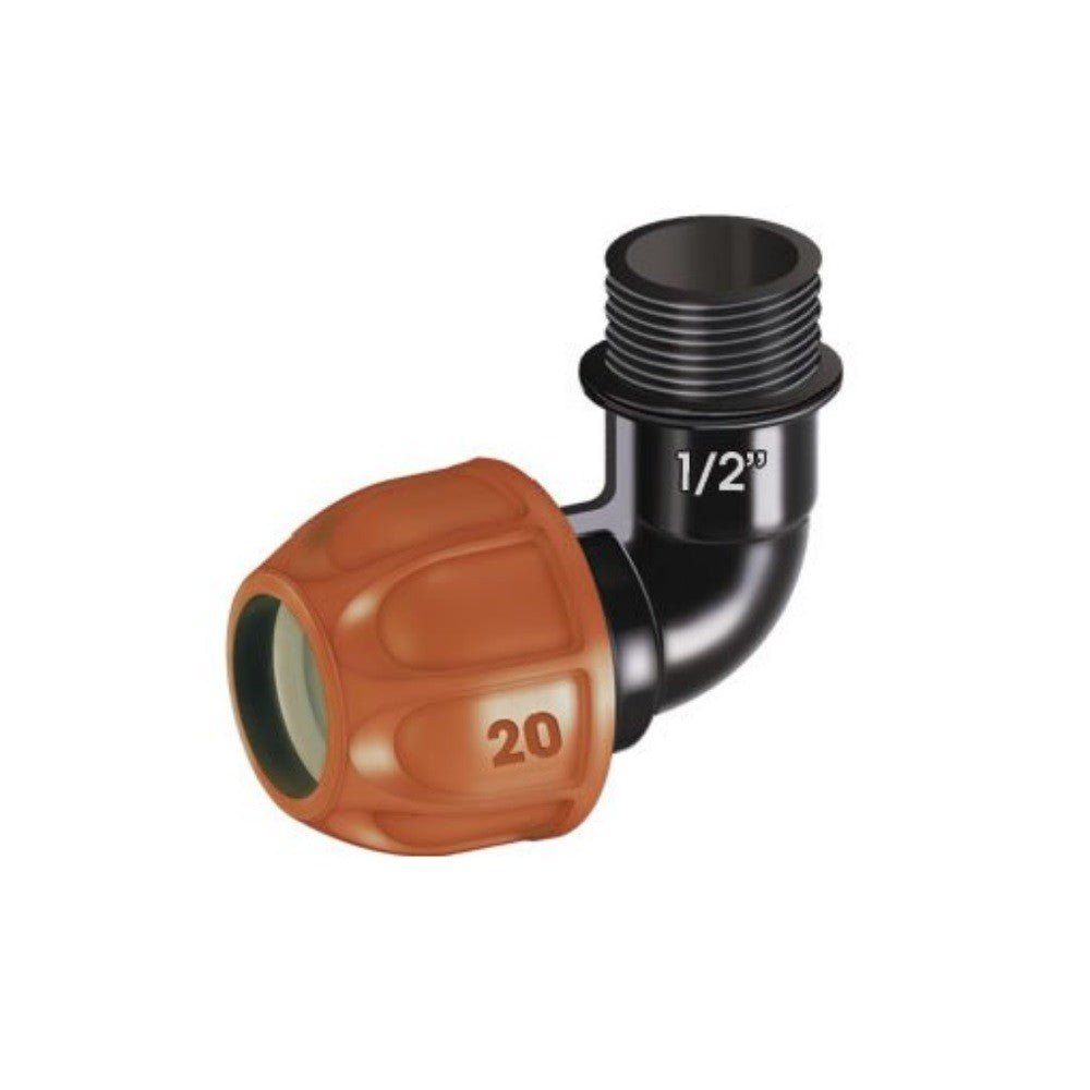 Racor en codo para tubo de 20 mm, rosca macho 1-2"