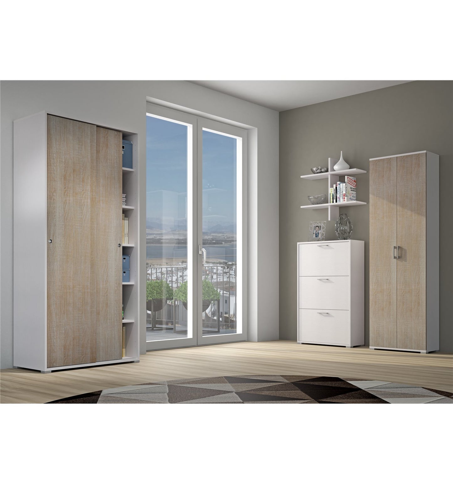 Mueble con doble puerta corredera y cuatro estantes regulables, puertas de roble blanco