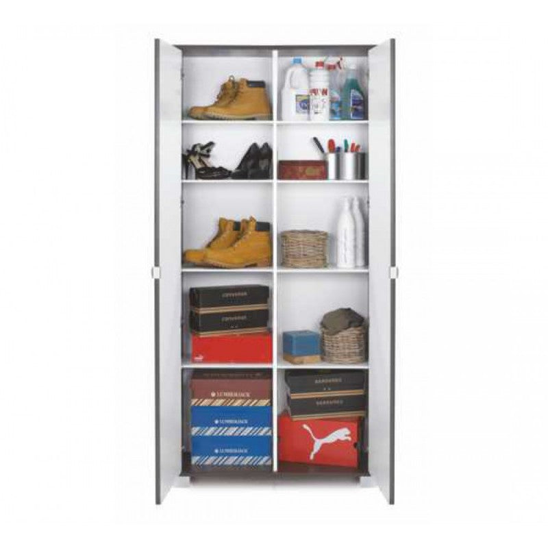 Armario multiusos slim con dos puertas y ocho estantes en Blanco Fresno 83x29x h190 cm