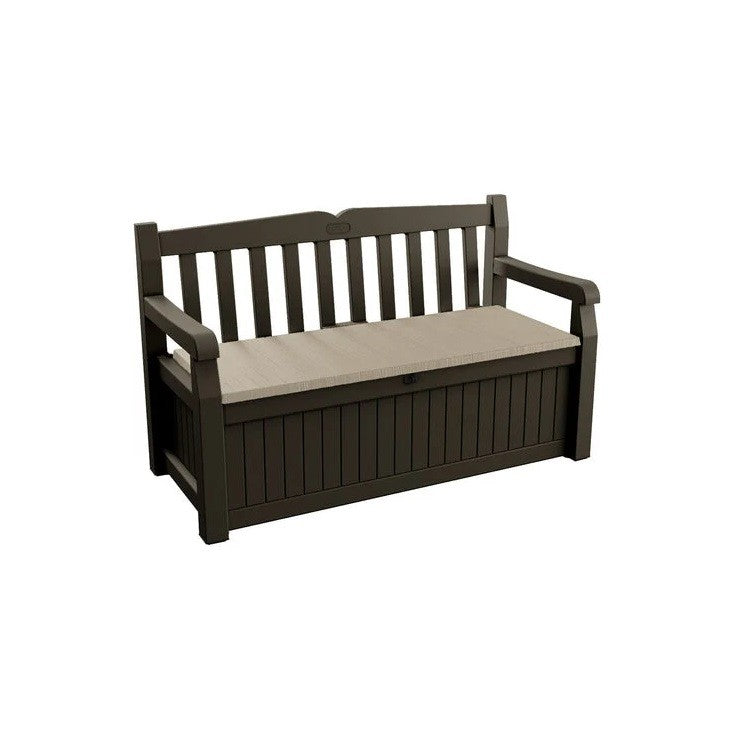 Cómoda de resina con acabado efecto madera, marrón con asiento beige 140x60xh.84 cm