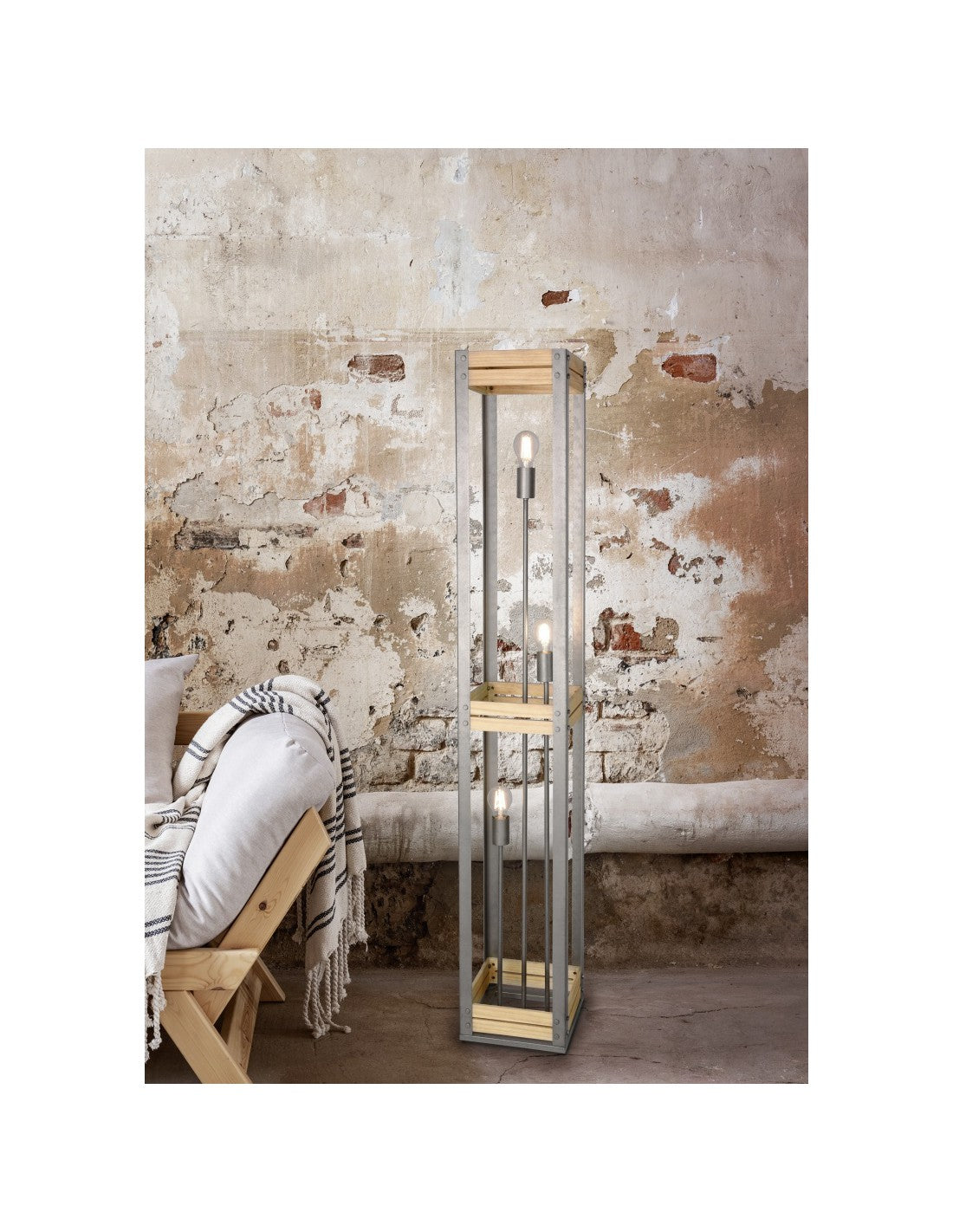 Lámpara de pie Vintage Rústica Madera Natural Khan Níquel Antiguo Al. 153 cm Trio Lighting