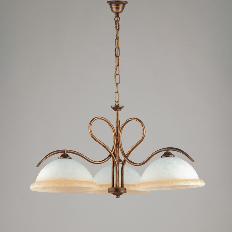 Lámpara de araña de hierro marrón dorado con tres luces de cristal blanco y ámbar 68x h43 cm