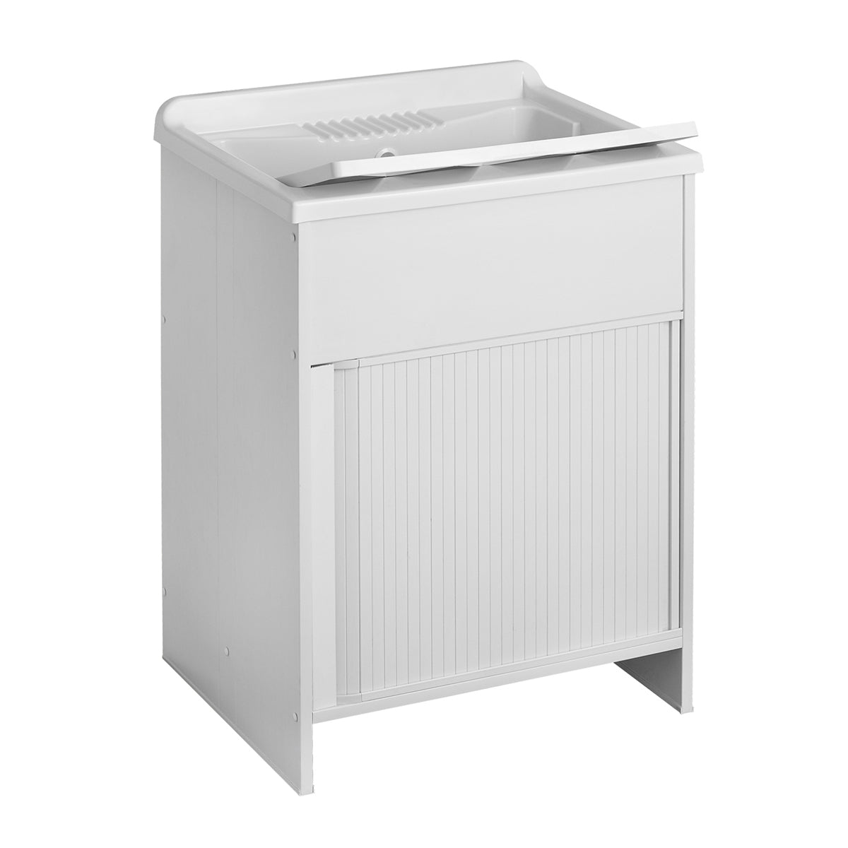 Fregadero exterior con mueble de plástico y apertura con persiana.