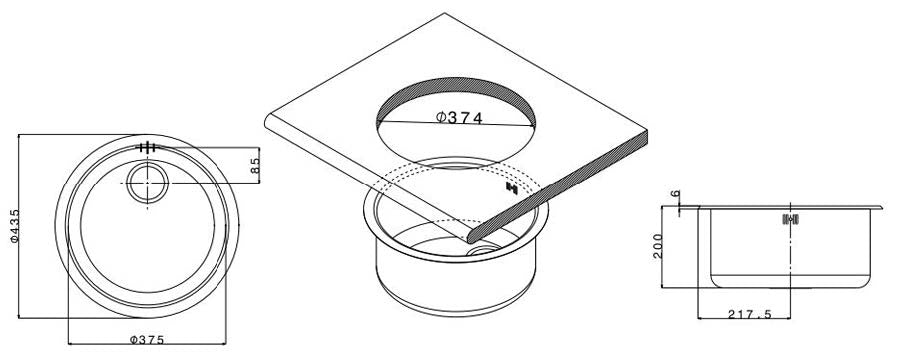 Fregadero circular bajo encimera D. 435 mm