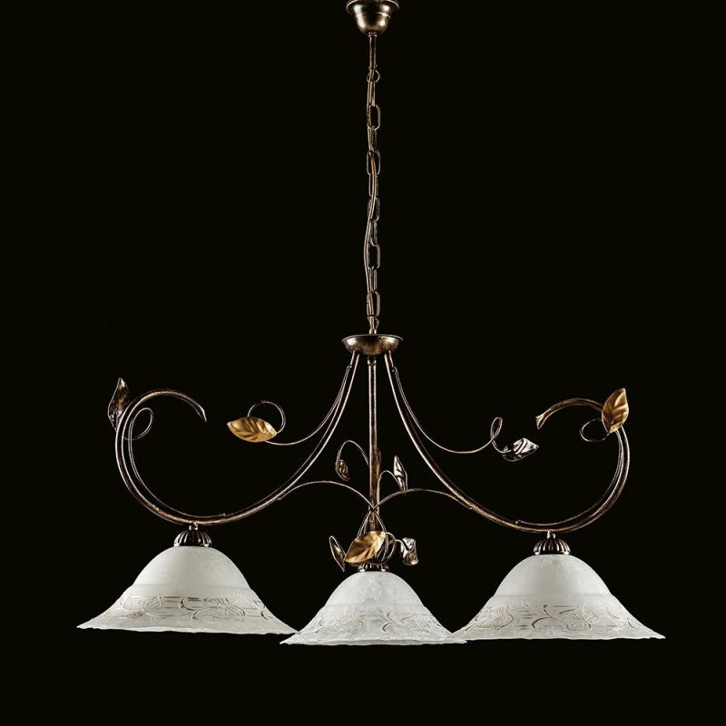 Araña de hierro marrón dorado tres luces Pantalla de cristal blanco 79x h54 cm