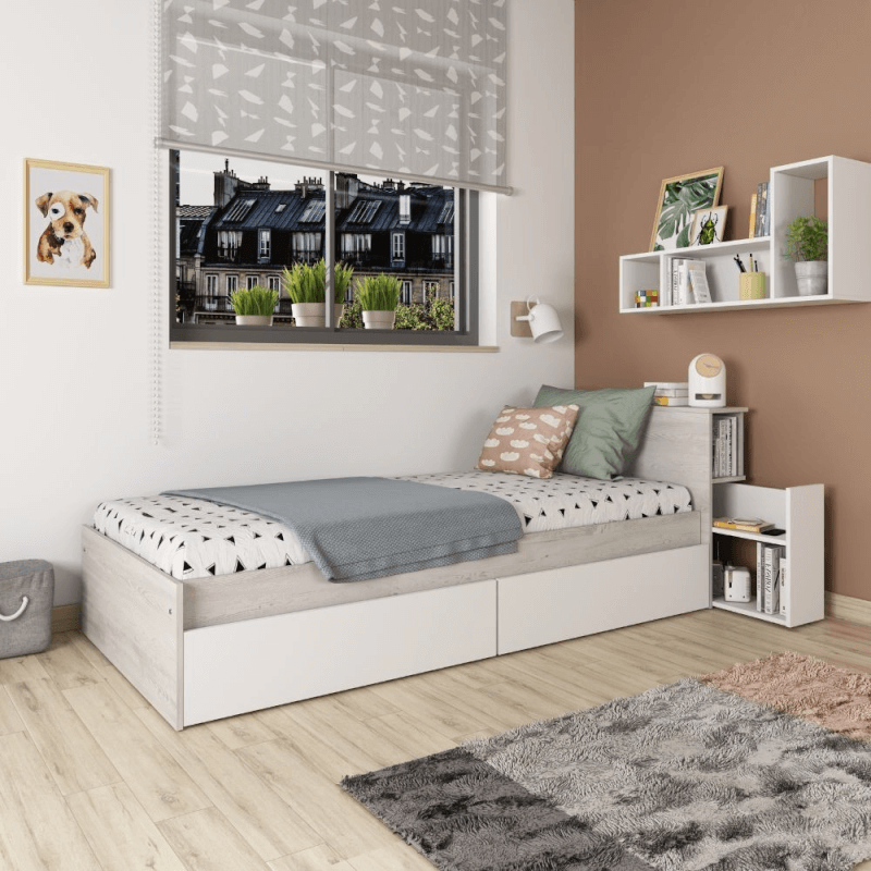 Cama individual 1666 vintage blanca y blanca con mesita de noche extraíble