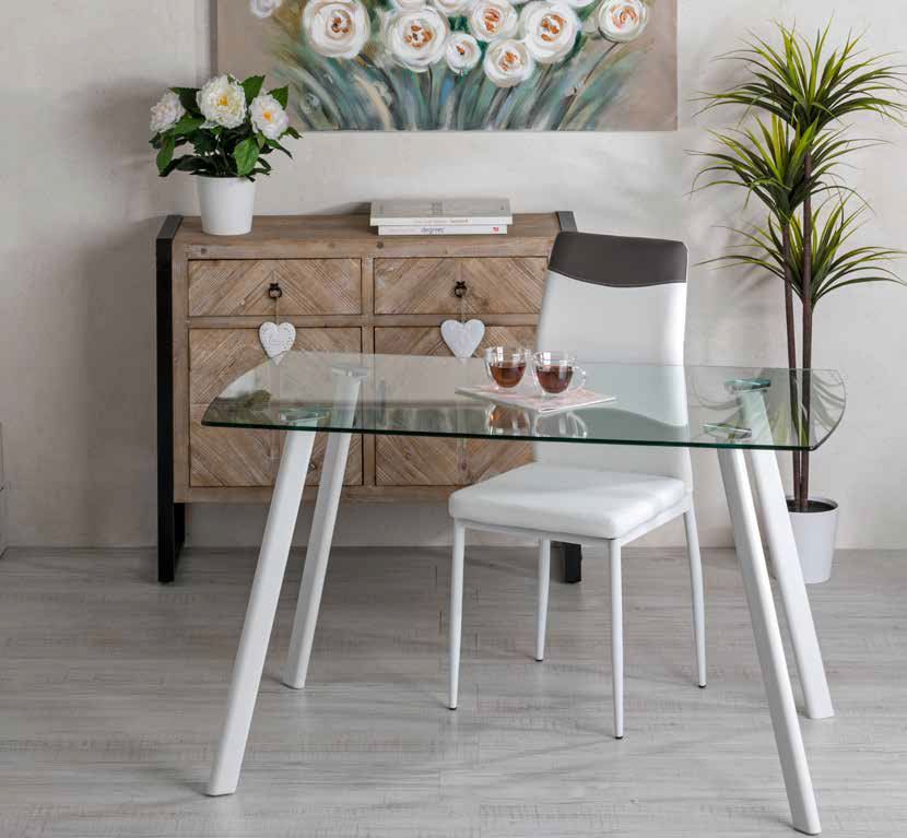 Mesa fija Maura Bianco con tapa de cristal y patas de metal 130x75x76