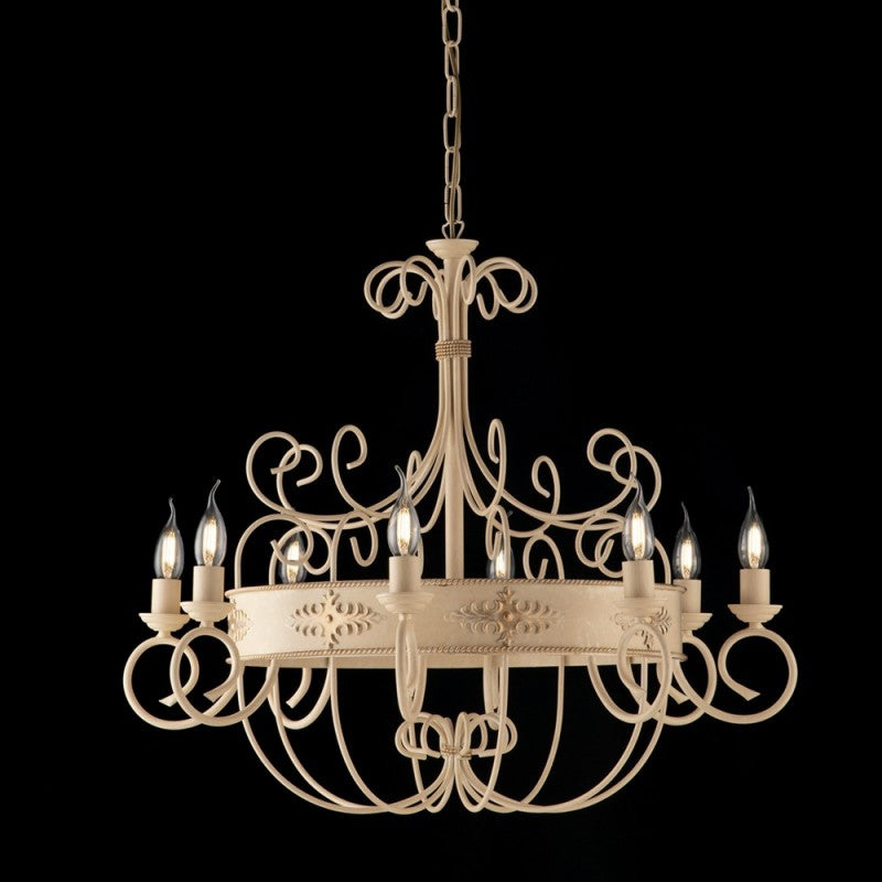 Araña de hierro lacado marfil con decoración decapada, 8 luces con frisos