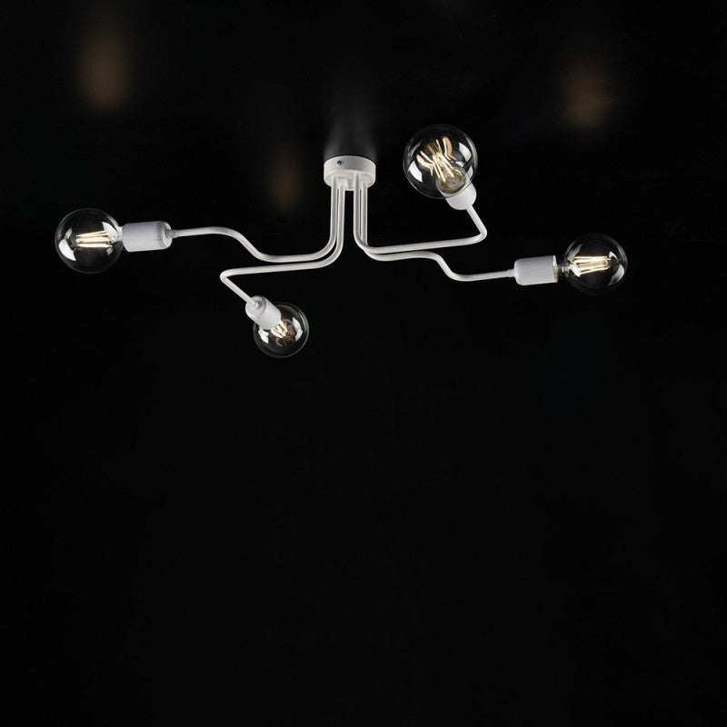 Plafón de hierro lacado blanco con 4 luces decoración plateada