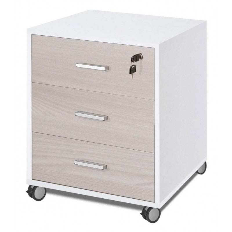 Cómoda de oficina de tres cajones con ruedas Blanco Olmo 50x41x h70 cm