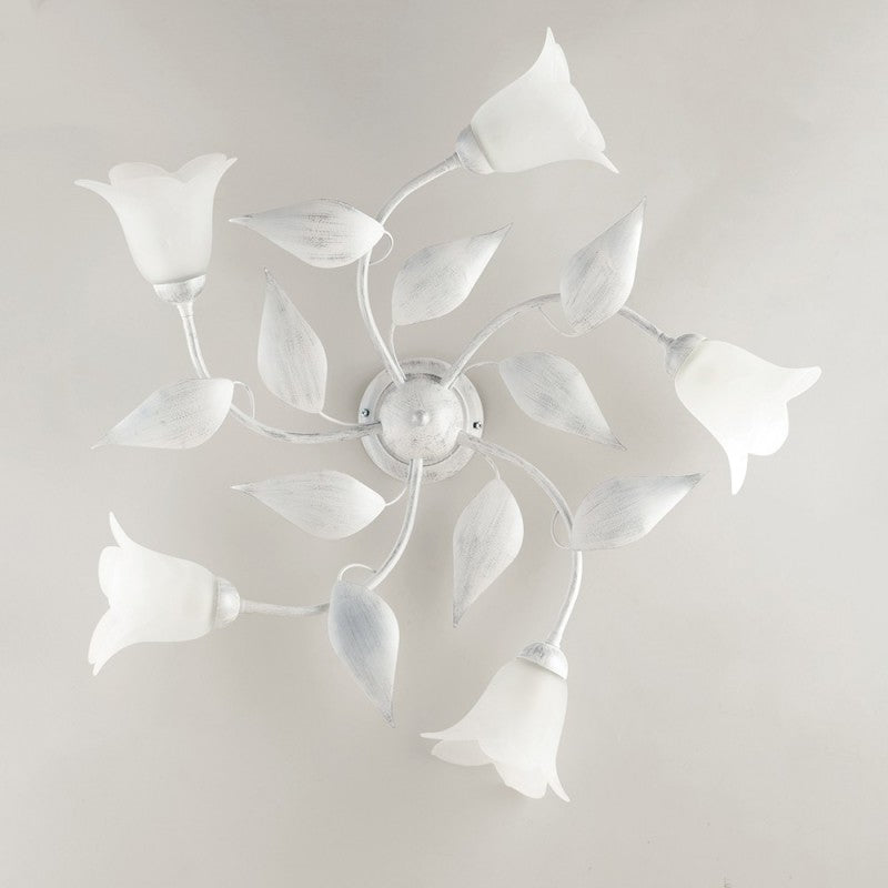 Lámpara de techo de hierro blanco plateado con cinco luces de cristal blanco Alabastro 70x h20 cm
