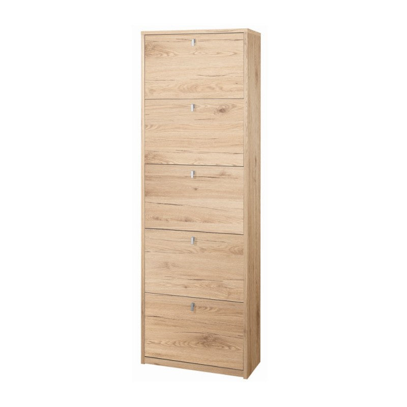 Zapatero delgado de cinco puertas con doble solapa Roble natural 63x29x h190 cm