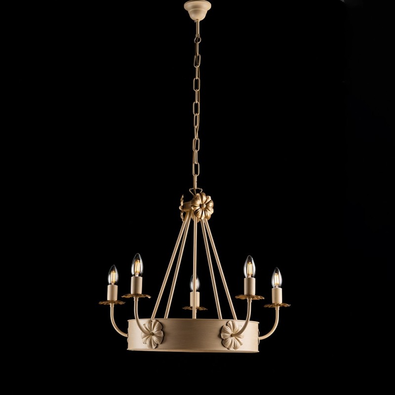 Araña de hierro marfil Decape con acabado dorado imperio, cinco luces 59x h52 cm