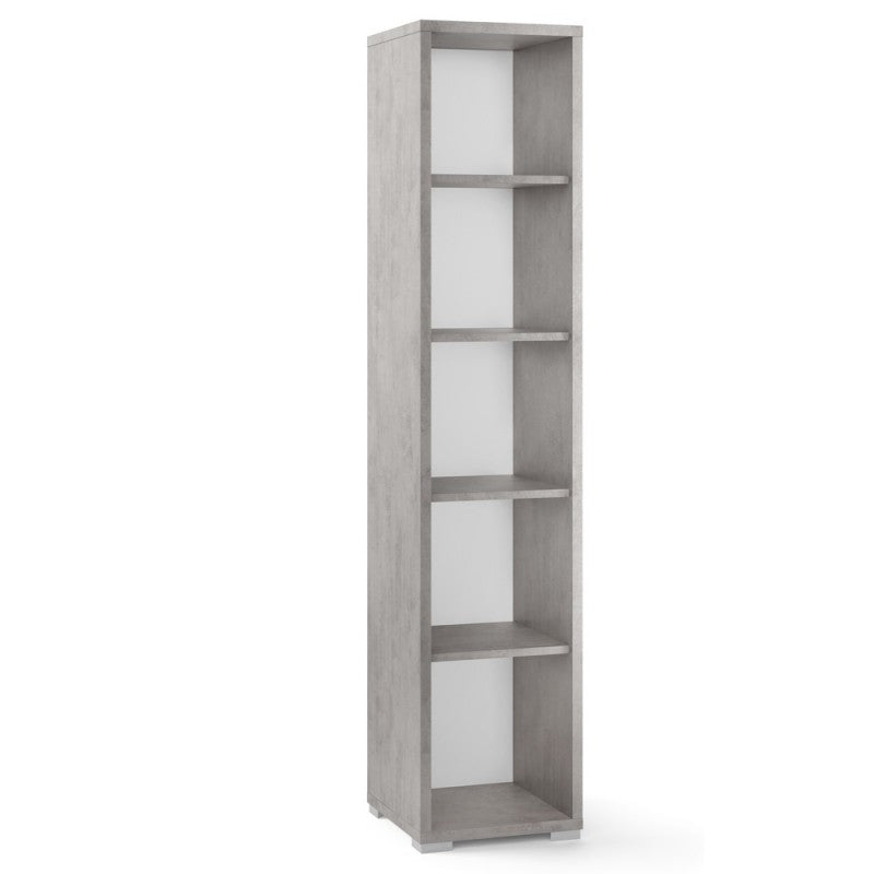 Librería estrecha moderna en madera Beton Cemento con cuatro estantes 39x41x h182 cm