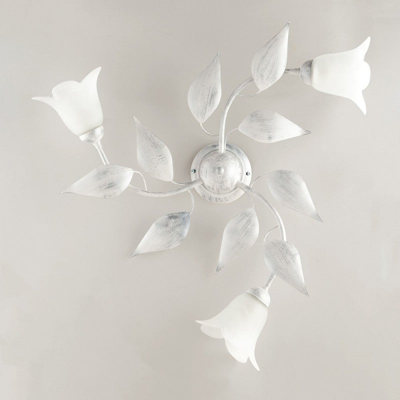 Lámpara de techo de hierro blanco plateado con tres luces de cristal blanco Alabastro 67x h20 cm