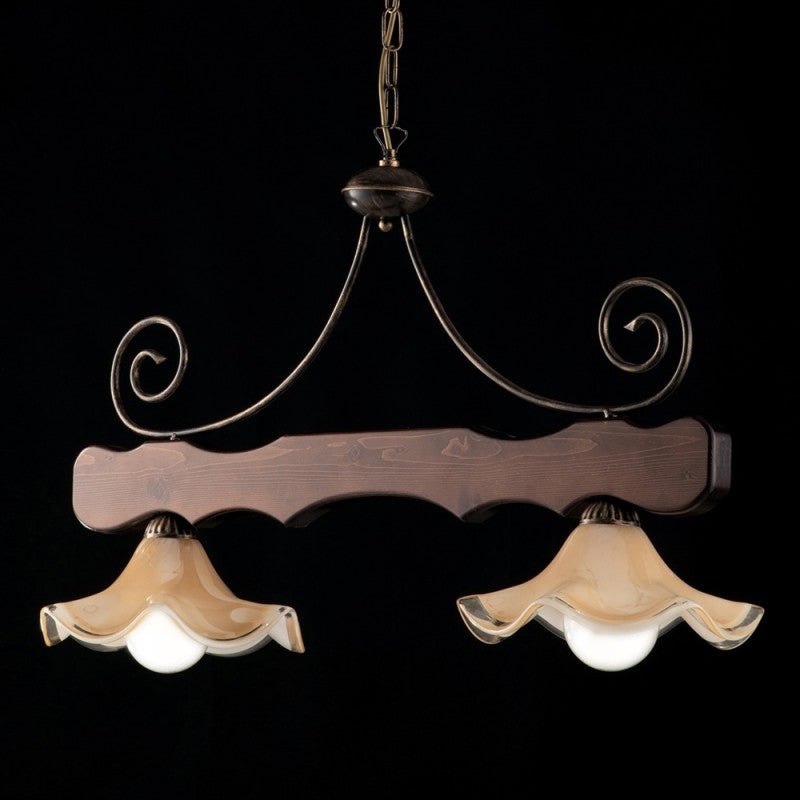 Lámpara de araña antigua de madera de nogal y hierro con dos luces, pantallas de cristal 88x h50 cm