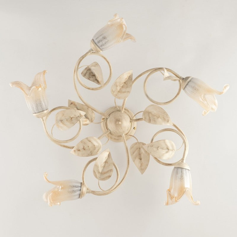 Lámpara de techo de hierro Marfil Oro Vidrio Blanco Ámbar cinco luces 70x h20 cm
