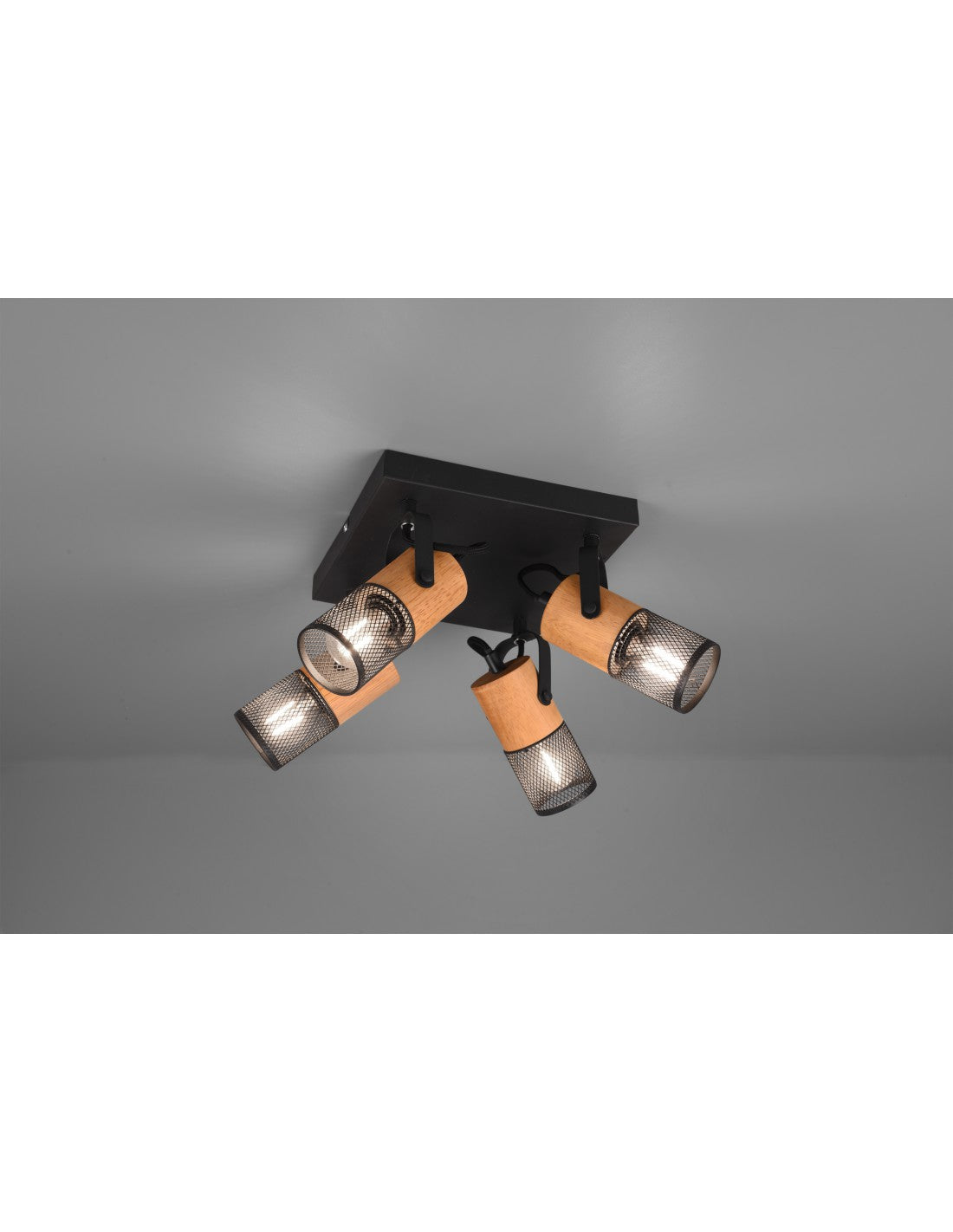 Tosh Lámpara de techo negra 4xE14 Spot madera y jaula de metal 22x22 cm Trio Lighting