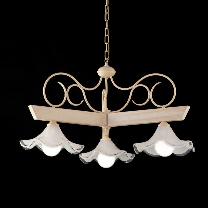 Lámpara de araña de madera lacada en marfil y hierro con decoración decapada, 3 luces con placa de cristal