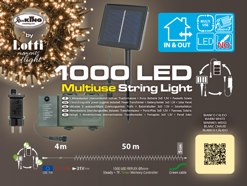 Cadena multiusos 1000 LEDs 50m con placa solar