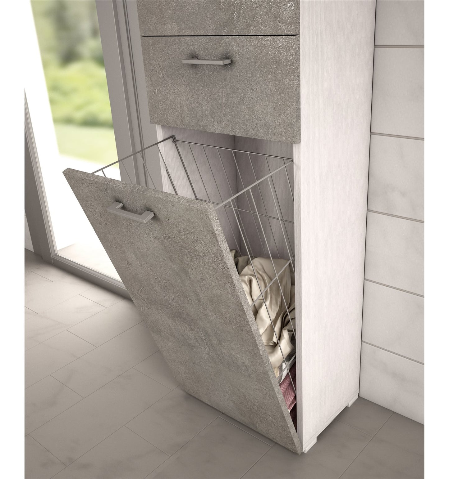 Mueble multiusos con cesto para la ropa blanca con puerta de hormigón