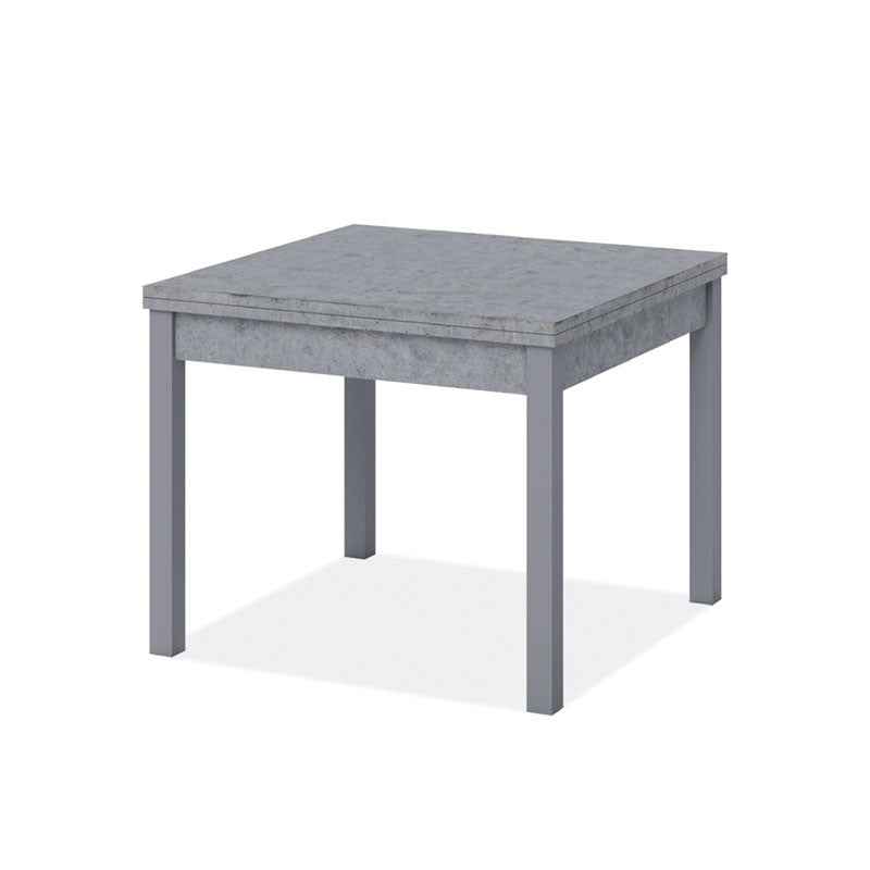Mesa de comedor gris cemento con apertura para libros en madera revestida de melamina 90x90-180 cm