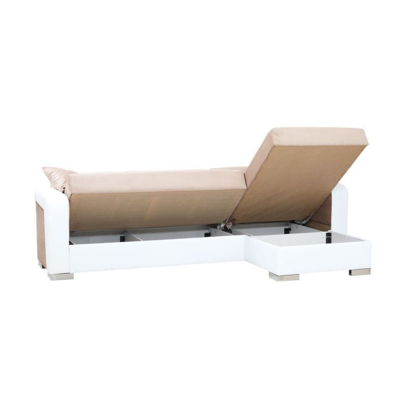 Sofá cama efecto piel blanca y tela beige con península a la derecha 240x140xh.88 cm