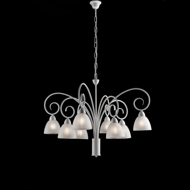 Lámpara de araña de hierro desgastado blanco con pantallas de cristal de alabastro blanco ocho luces 81x h58 cm