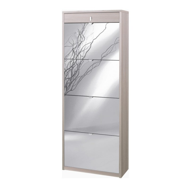 Zapatero con cuatro puertas de espejo y un cajón superior en Light Olmo 63x29x h164 cm