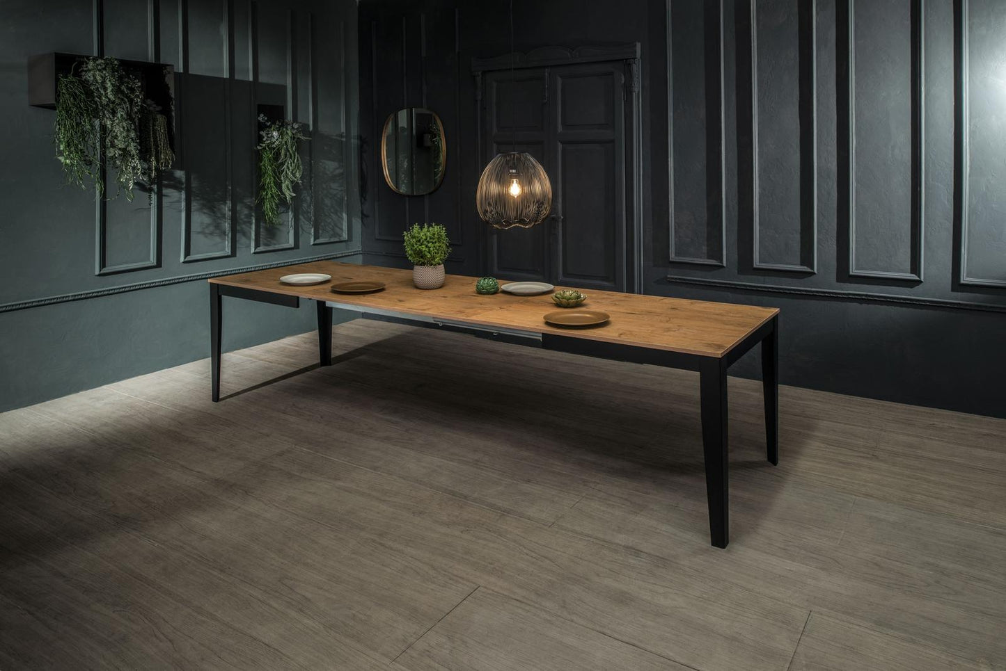 Mesa extensible roble-negro 80 cm x 130- 290 cm Alt. 76 cm